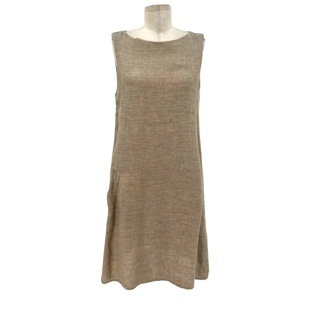 FLAX 100% Linen Shift Dress Sleeveless Relaxed Fit Beige Tan Size XS